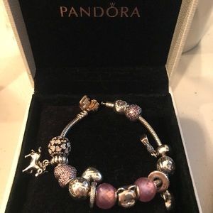 Pandora silver charm bracelet with 14k gold clasp